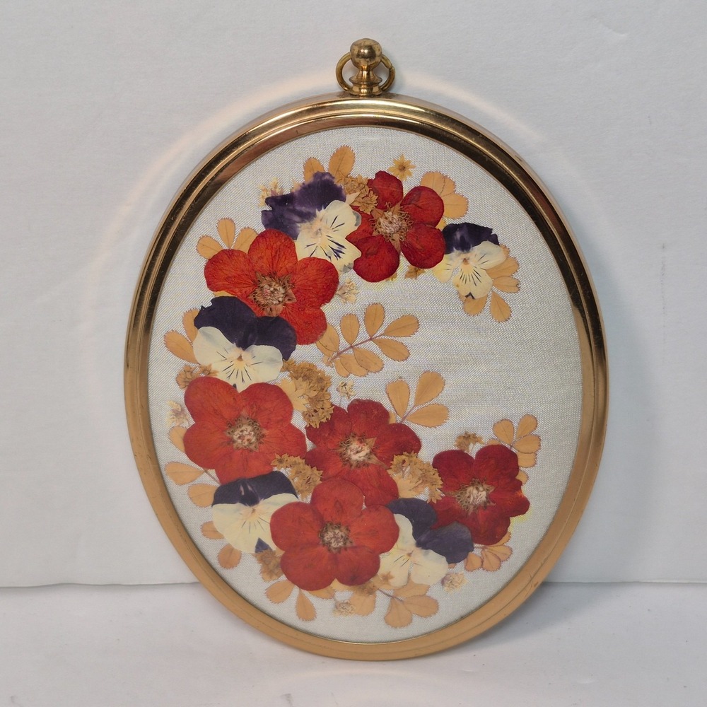 Vintage Oval Framed Pressed Dried Flowers Arrangement 5" x 3.5" Hanger Pendant